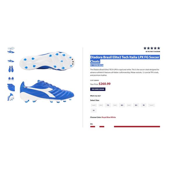 Diadora Brasil Elite2 Tech Italia LPX FG Soccer Cleats Royal Blue Made in Italy main image 6